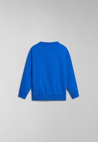 Felpa blu in cotone, con collo rotondo, maniche lunghe e polsini a coste. Texture liscia, senza motivi o accenti visibili.