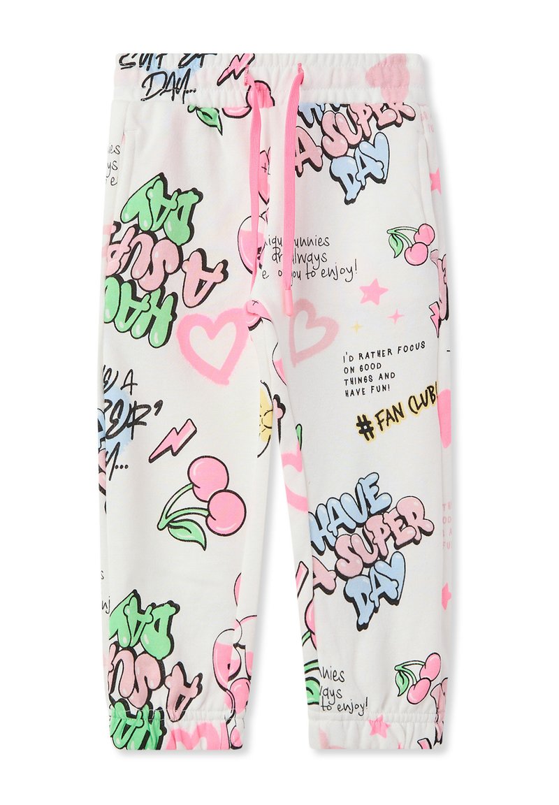 Pantaloni della tuta bianchi con una stampa grafica colorata di ciliegie, cuori e testo. Coulisse rosa regolabile e polsini elastici alle caviglie.