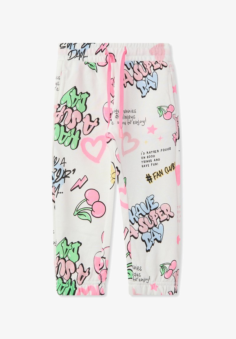 Pantaloni della tuta bianchi con una stampa grafica colorata di ciliegie, cuori e testo. Coulisse rosa regolabile e polsini elastici alle caviglie.