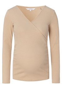 Hellbeige langärmliges Umstandstop mit geripptem Material und Wickeldesign. Mit V-Ausschnitt und seitlicher Raffung für eine figurbetonte Passform.