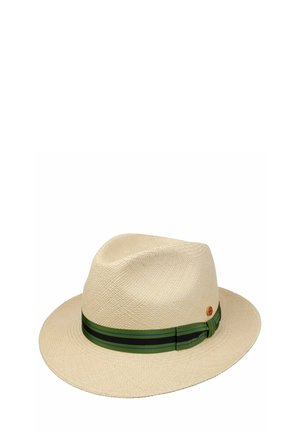 Light beige woven fedora hat with a wide brim and green striped ribbon band around the base of the crown.