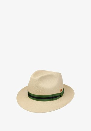 Light beige woven fedora hat with a wide brim and green striped ribbon band around the base of the crown.