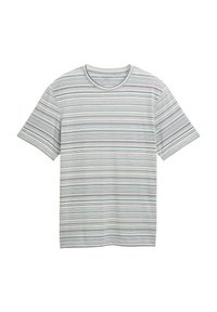 T-shirt à manches courtes en tissu léger avec des rayures horizontales bleu, gris et crème ; encolure ronde, coupe décontractée.