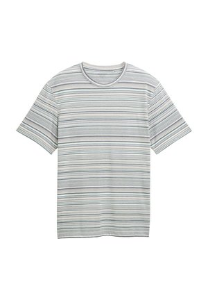 T-shirt à manches courtes en tissu léger avec des rayures horizontales bleu, gris et crème ; encolure ronde, coupe décontractée.