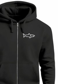 Black zip-up hoodie with a sturdy zipper, featuring a white shark graphic on the left chest and a kangaroo pocket in the front.