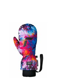 Bunte Skihandschuhe mit einem Spritzdesign in Pink, Blau und Orange, schwarzem Logo, Handgelenksschlaufe und elastischem Bündchen zum Schutz vor Kälte.
