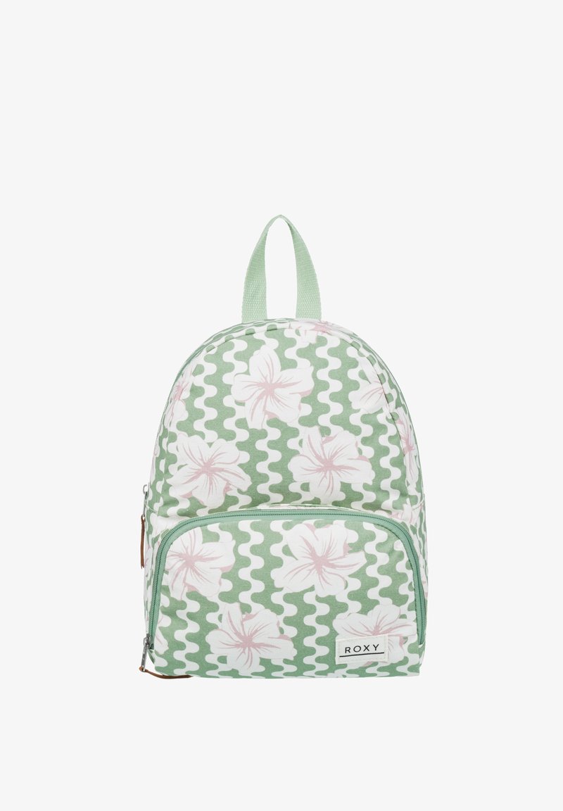 Groene rugzak met bloemenpatroon en witte golven, met een voorkvak, ritssluiting en een lus om te dragen.