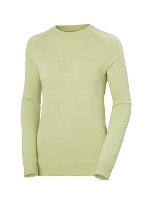 Sudadera verde clara de manga larga, con puños acanalados y cuello redondo. Presenta un logo sutil en forma de triángulo. Textura suave.