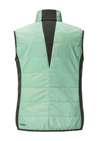 Mintgrüne und dunkelgraue gepolsterte ärmellose Weste mit hohem Kragen und horizontalen Nähten, von hinten betrachtet.