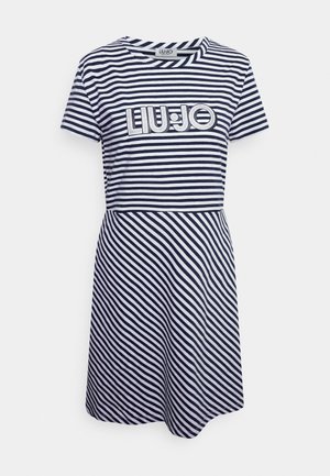 Marineblaue und weiß gestreifte Kurzarmkleid mit diagonalen Streifen am Rock und "LIU·JO"-Logo auf der Brust.