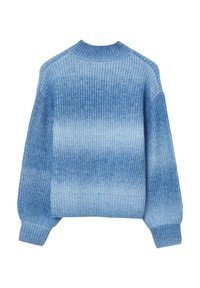 Pull en tricot bleu avec un motif dégradé allant du bleu foncé au bleu clair, texture côtelée, manches longues et encolure ronde haute.