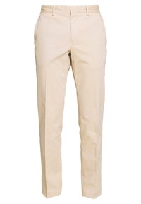 Beige bomullsbyxor med en slät yta, rak ben-design, framfickor och mjukt pressade veck.