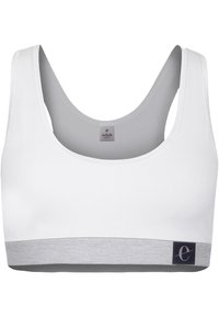 Witte sportbeha van gladde stof, met een grijze onderband met logo-details. Het ontwerp heeft brede schouderbanden en een ronde halslijn.
