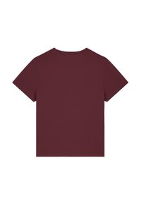 Bordeaux korte mouw t-shirt met een ronde hals, gemaakt van zachte stof, met een effen achterkant en een ontspannen pasvorm. Geen graphics of patronen.