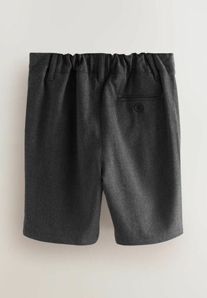 Shorts gris en tissu texturé, dotés d'une taille élastique, d'une poche arrière avec un bouton et de bords droits.