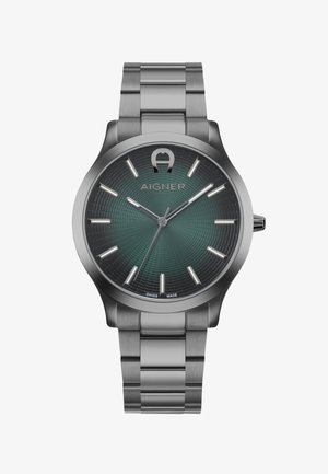 Edelstahl-Armbanduhr mit grün strukturiertem Zifferblatt, silbernen Stundenmarkierungen, drei Zeigern, Aigner-Logo bei 12 Uhr und Swiss Made Aufschrift bei 6 Uhr.