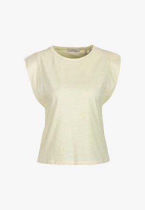 Cream-colored sleeveless women's top with wide shoulder coverage and round neckline, displayed flat on a white background.