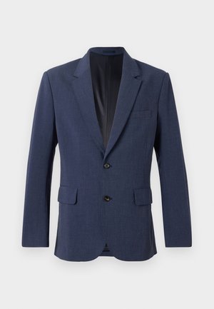 Tamnoplavi blazer napravljen od teksturirane tkanine s jednostrukim zatvaranjem, reverima u obliku slova notch, dva prednja džepa i dva gumba.