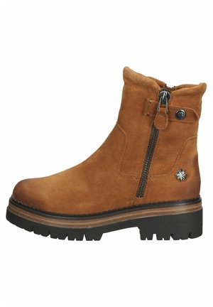 Bottines en daim marron avec une fermeture éclair sur le côté, bout arrondi et semelle en caoutchouc noire texturée. Dotées d'un accent décoratif en métal en forme de fleur.