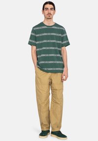 T-shirt rayé vert avec des motifs blancs, associé à un pantalon cargo kaki. Chaussures : chaussures vertes avec une semelle claire. Tenue décontractée dans l'ensemble.