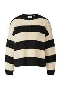 Black and cream striped knitted sweater with a crew neck, long sleeves, and ribbed texture. Features horizontal stripes of varying width.
