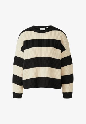 Sweter z dzianiny w czarno-kremowe paski, z okrągłym dekoltem, długimi rękawami i prążkowaną fakturą. Posiada poziome paski o różnej szerokości.