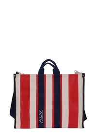 Borsa tote in tela con strisce verticali rosse, bianche e blu. Presenta due manici superiori e una chiusura con zip, con un logo sul davanti.