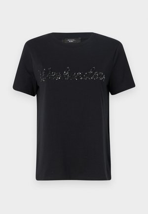 Sort bomulds t-shirt med korte ærmer og rund halsudskæring. Forsiden har en palietbesat "Weekend" tekstdetalje i kursiv skrifttype.