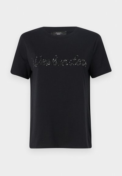 Sort bomulds t-shirt med korte ærmer og rund halsudskæring. Forsiden har en palietbesat "Weekend" tekstdetalje i kursiv skrifttype.