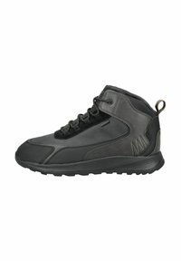Zapatillas altas en cuero negro y textil, con un diseño de cordones, cuello acolchado y suela de goma con agarre texturizado.