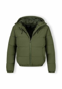 Olivgrüne Daunenjacke mit Kapuze, ausgestattet mit einem gesteppten Design, elastischen Bündchen und einem Reißverschluss vorne. Innenausstattung aus passendem Stoff.