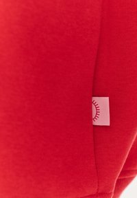 Červená bavlněná látka s hladkým povrchem. Na bočním švu se nachází malá růžová nášivka se sluneční ikonou. Jednoduchý design, těsně přiléhající tvar.