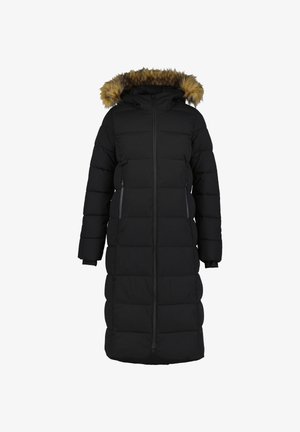 Sort polstret frakke med hætte trukket med pels, lang længde, horisontalt kviltet design, to lynlåslommer i siden og en lynlås, der går hele vejen ned.