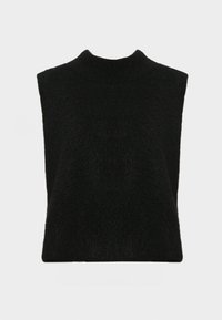 Svart ermeløs turtleneck genser med en myk, teksturert finish og minimalistisk design. Ingen synlige sømmer eller maskinvaredetaljer.