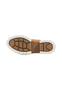 Suola di scarpa in gomma con un design segmentato e a motivi. Colori beige e bianco, con bordi arrotondati e superficie testurizzata per una presa migliore.