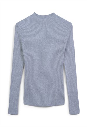 Light grey, ribbed knit long-sleeve sweater with mock neck, fitted silhouette, and fine vertical ribbing texture.