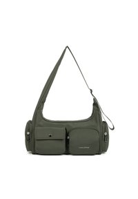 Borsa a spalla verde in nylon con forma curva, dotata di due tasche frontali, un scomparto con zip e una lunga tracolla regolabile.
