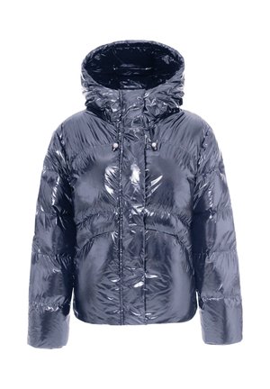 Veste matelassée brillante bleu foncé avec design matelassé, fermeture éclair frontale, capuche avec cordon de serrage et manches longues.