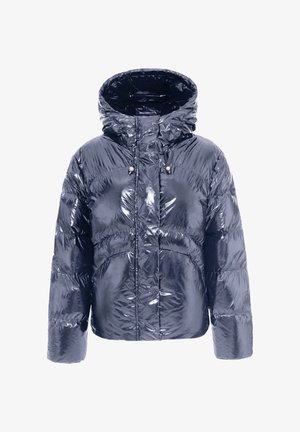 Lesklá tmavě modrá bunda s prošívaným vzorem, předním zipem, kapucí na stažení a dlouhými rukávy.