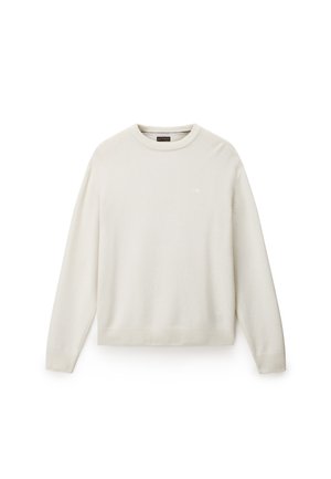 Langærmet cremegul rundhalset sweater med ribstrikkede manchetter og kant, med et lille broderet logo på venstre bryst.