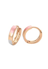 Rosaguld hoopsmykker med en glat, pink emaljeaccent og en hvid emaljestribe. Afrundet design med en poleret finish.
