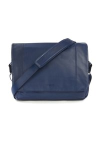 Borsa a messaggero in pelle blu navy con una texture liscia, forma rettangolare, tracolla regolabile e logo del marchio impresso sul fronte.