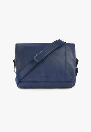 Navy blue leather messenger bag with a smooth texture, rectangular shape, adjustable strap, and embossed brand logo on the front.