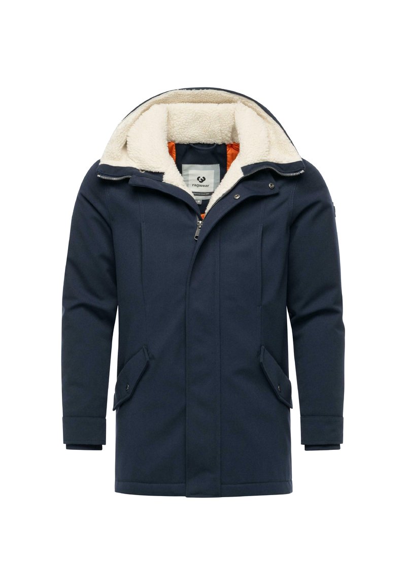 Parka navy isolata con cappuccio foderato in pelliccia sintetica, zip frontale e due tasche laterali. Caratterizzata da un rivestimento interno arancione per contrasto.