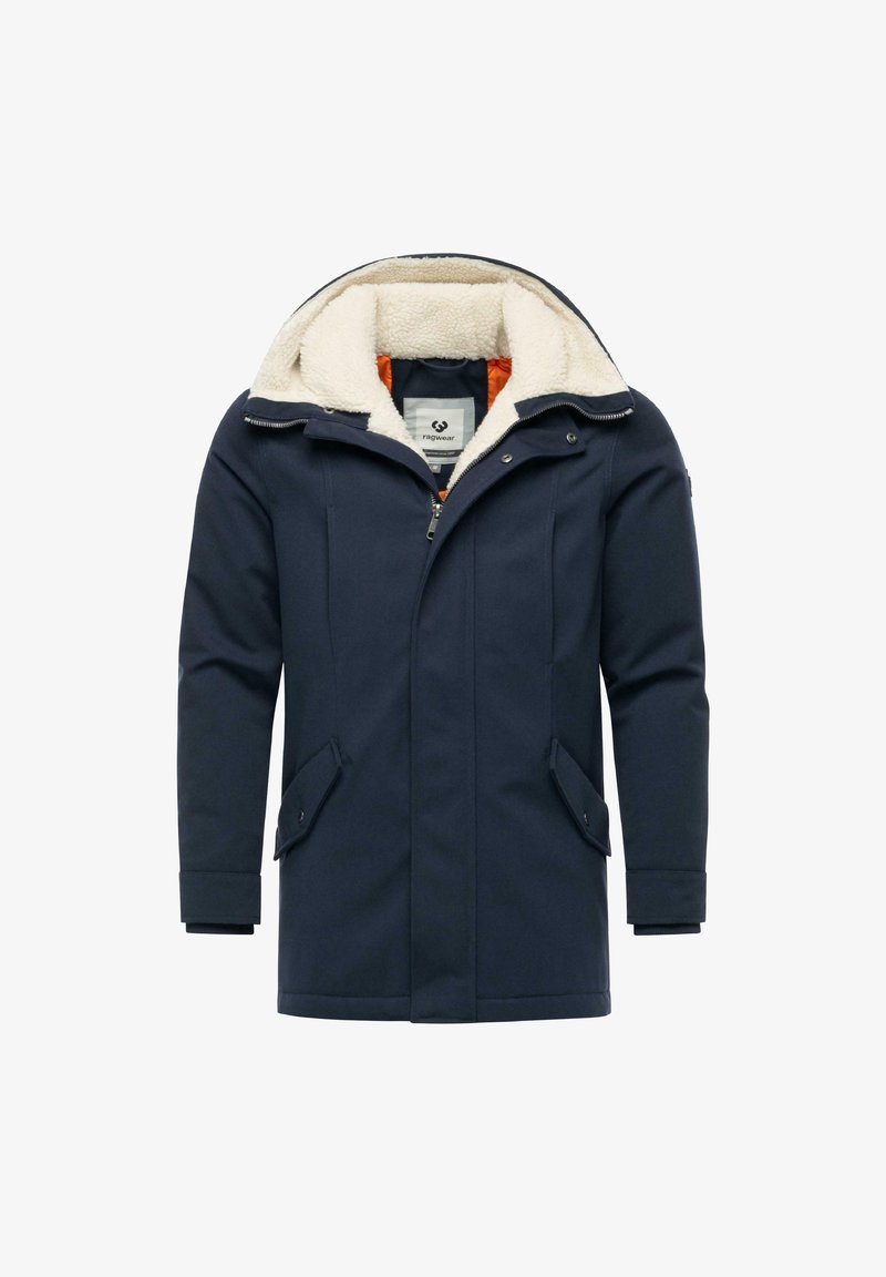 Marinblå isolerad parka med huva i faux päls, framdragkedja och två sidofickor. Med en orange innerfoder för kontrast.