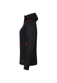 Schwarze Zip-Hoodie mit roten Akzenten, aus strukturiertem Material und in figurbetonter Form, mit Kapuze und sichtbaren Seitentaschen.
