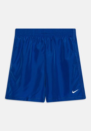 Calções desportivos azuis feitos de um tecido brilhante e leve. Apresentam uma cintura elástica e um logotipo da Nike branco no lado inferior direito.