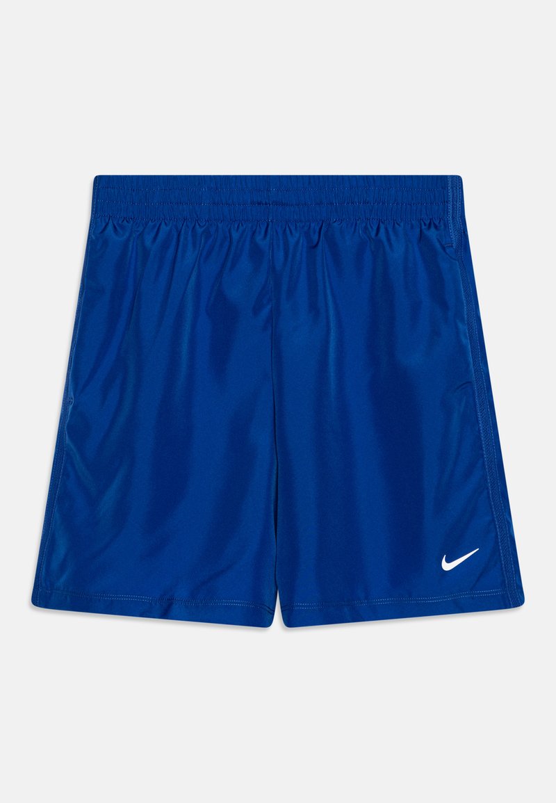 Șorturi atletice albastre, fabricate dintr-un material lucios și ușor. Au o talie elastică și un logo alb Nike pe partea din dreapta jos.