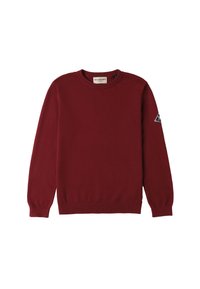 Maglione in maglia borgogna con maniche lunghe, scollatura rotonda, polsini e orlo a coste, con una toppa triangolare sulla manica sinistra.