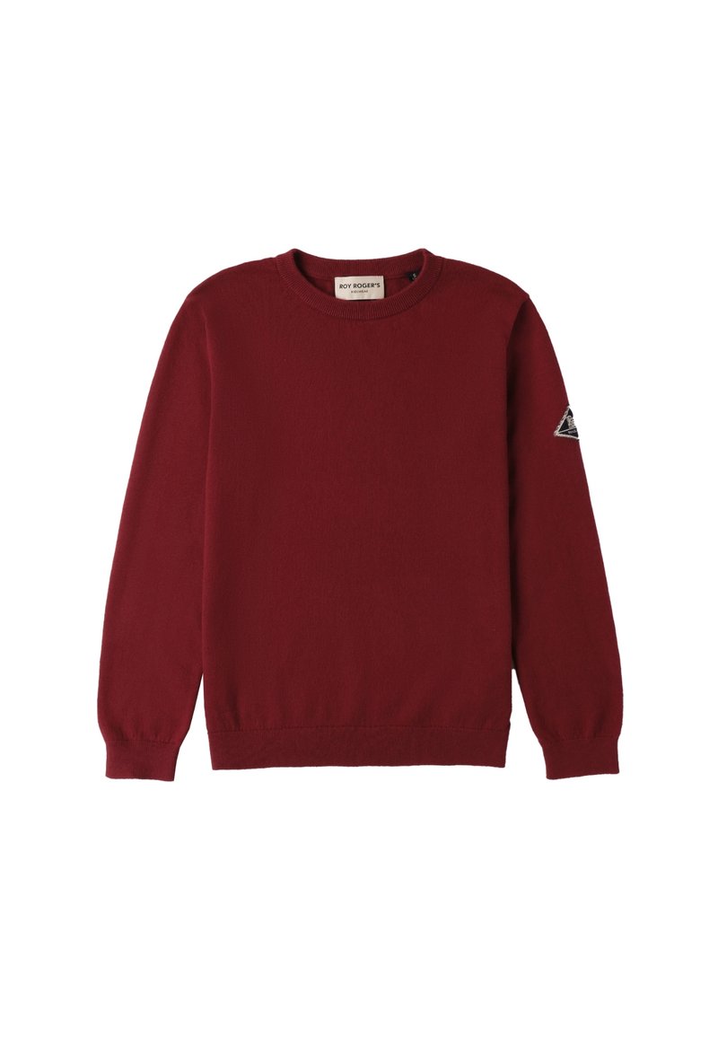 Maglione in maglia borgogna con maniche lunghe, scollatura rotonda, polsini e orlo a coste, con una toppa triangolare sulla manica sinistra.